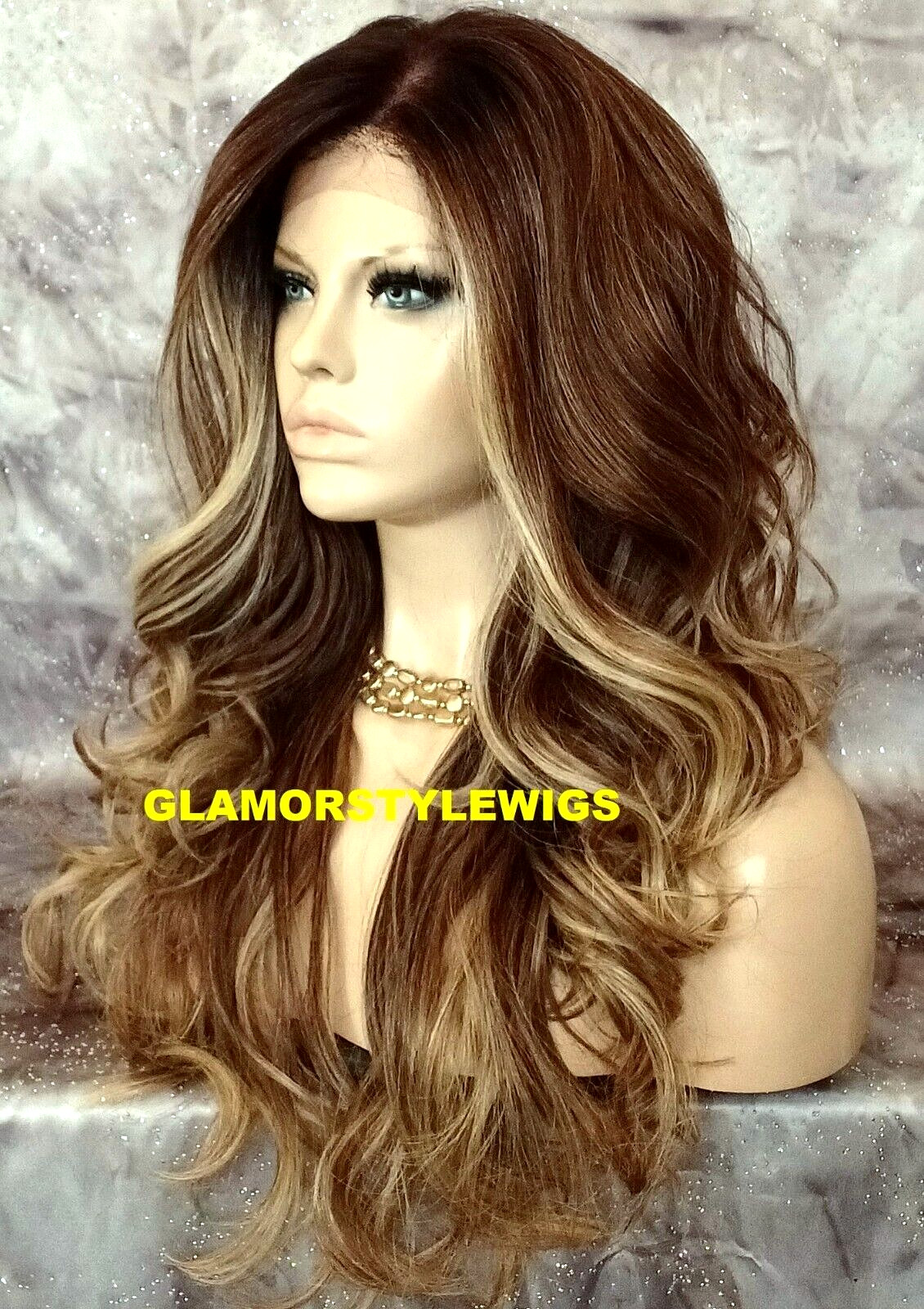 FREE PART LACE FRONT FULL WIG LONG WAVY LAYERED OMBRE BROWN GOLDEN BLONDE MIX NW