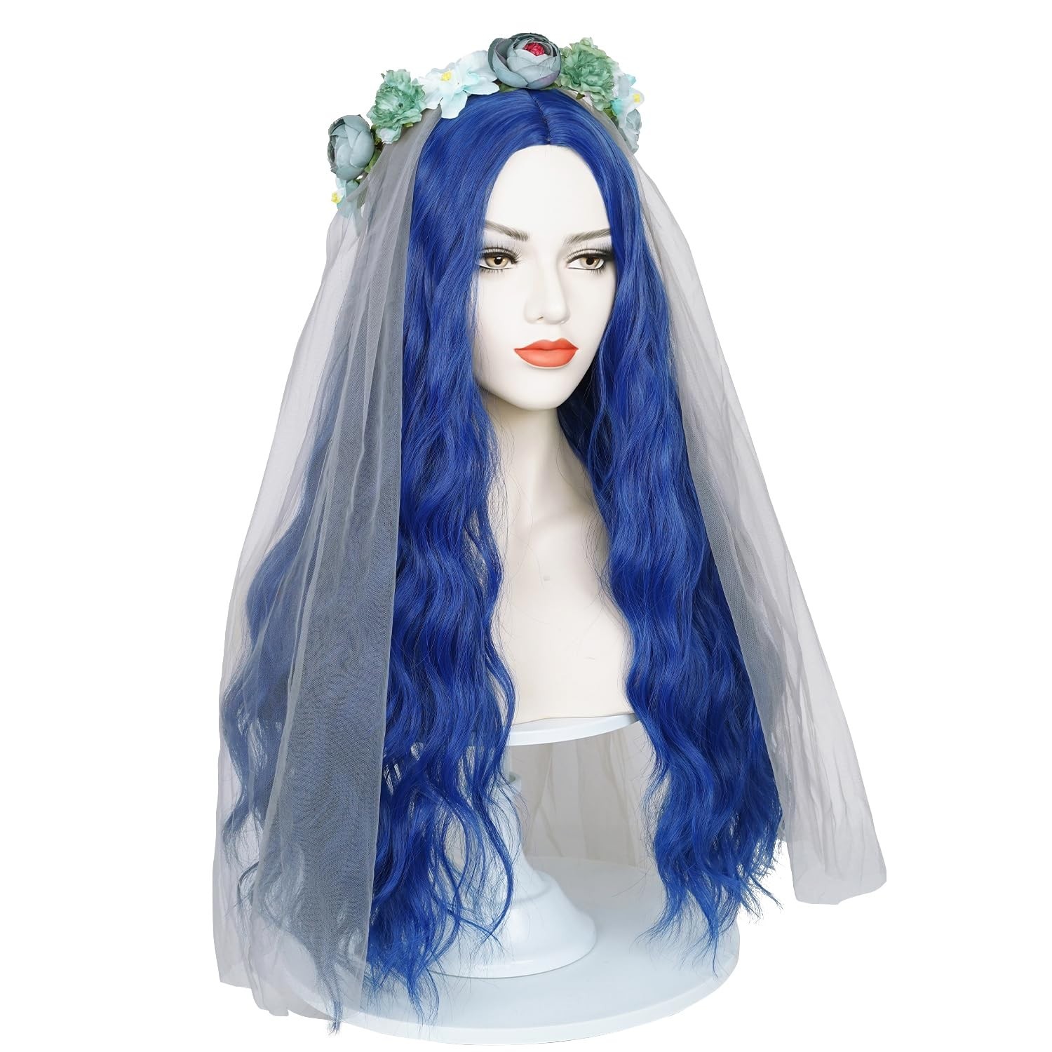 Wiggy Mermaid Blue Bride Wig goth Corpse Costume, Long Wavy Wig w/ Veil creepy