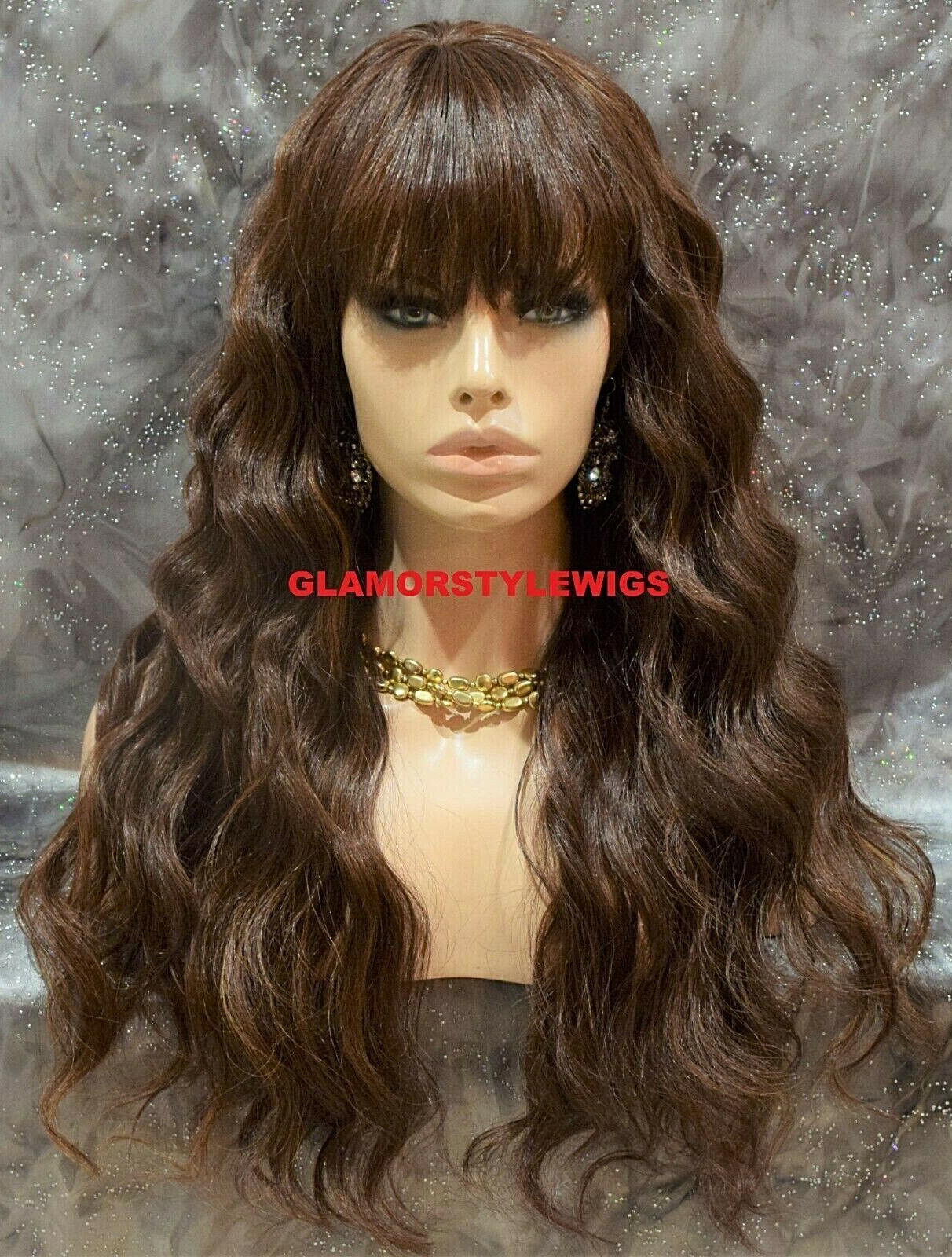 FULL WIG LONG WAVY LAYERED WITH BANGS BROWN AUBURN MIX HEAT OK NWT #FS4.27