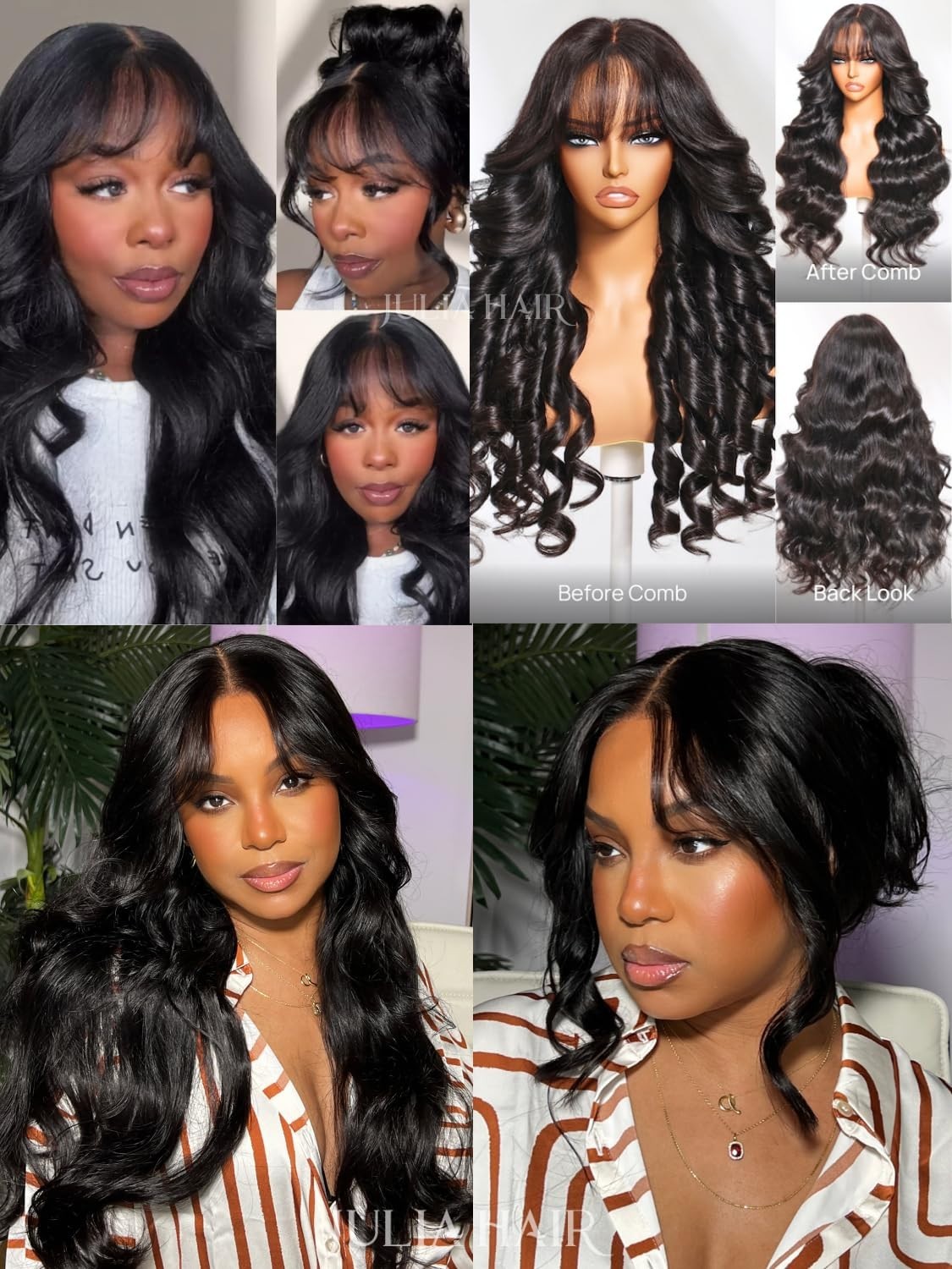 13×4 HD Glueless Lace Frontal Wig – 18″ Loose Wave with Curtain Bangs, Pre-Pluck