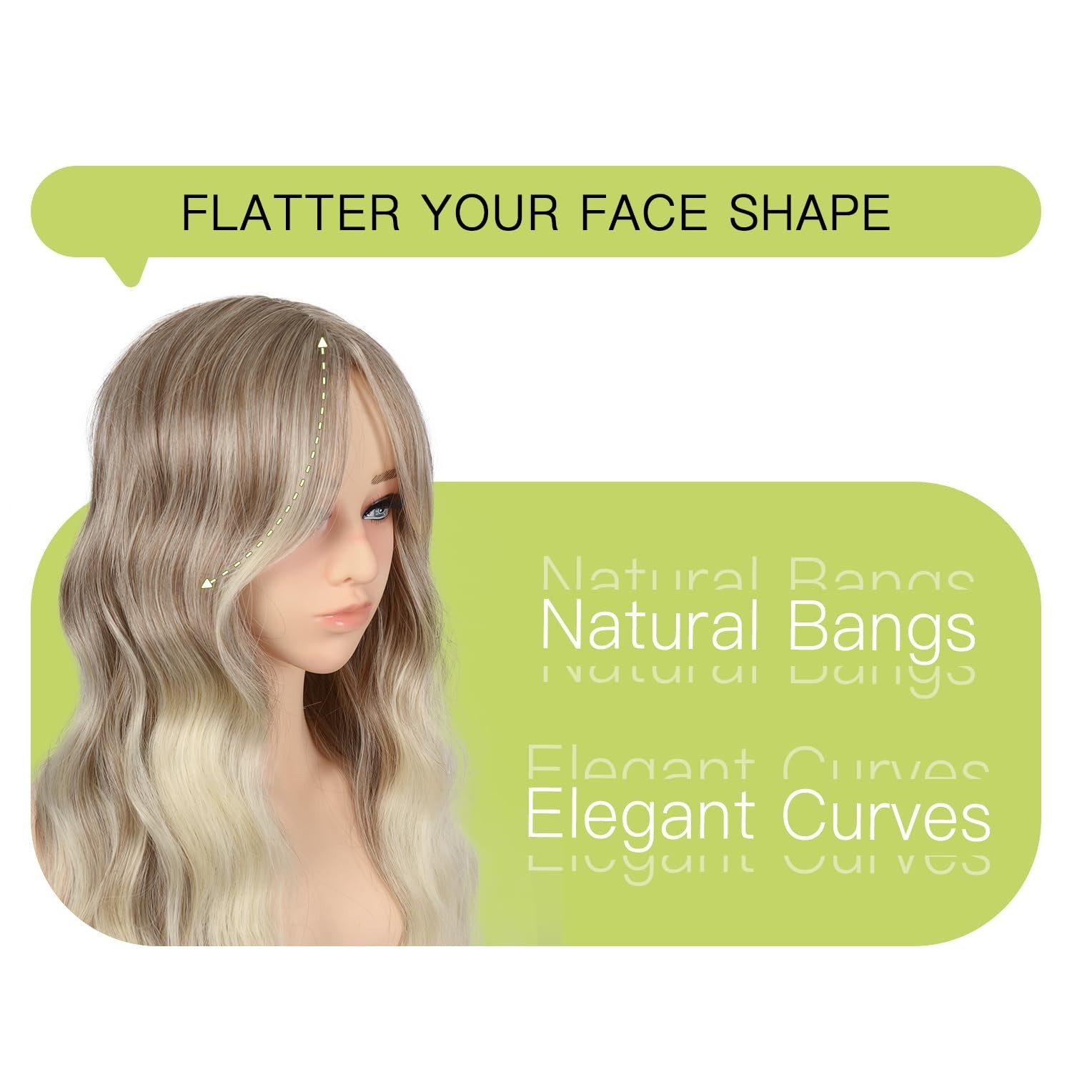 26″ Long Wavy Ombre Ash Blonde Wig with Curtain Bangs – Heat Resistant, Natural
