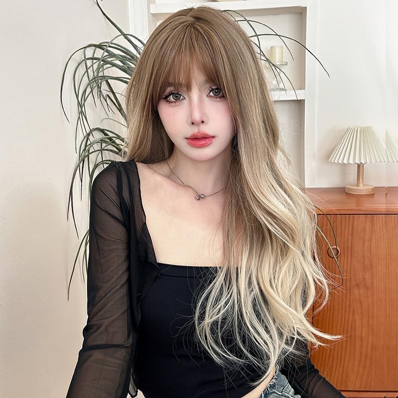 26 Inches Long Wavy Curly Wig for Women Blonde Brown Synthetic Hair Natural C…