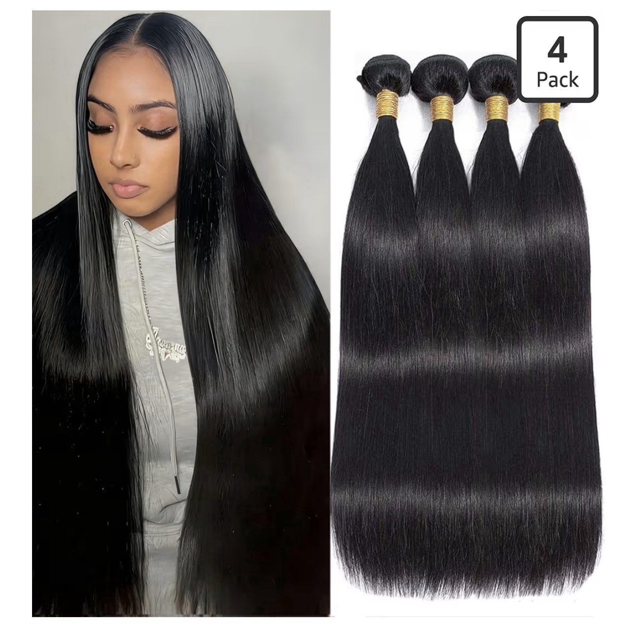 Brazilian Straight Human Hair Weft Extensions, Black, 4 Bundles 21-30 in