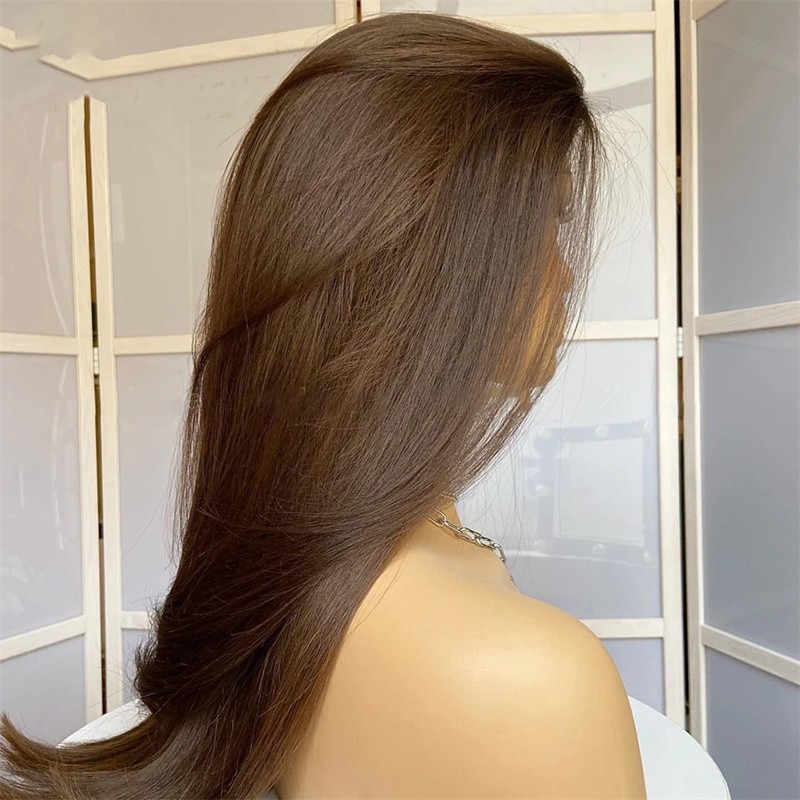 Layered Brown Lace Front Wig Long Straight Women Synthetic Hair Heat Resistant