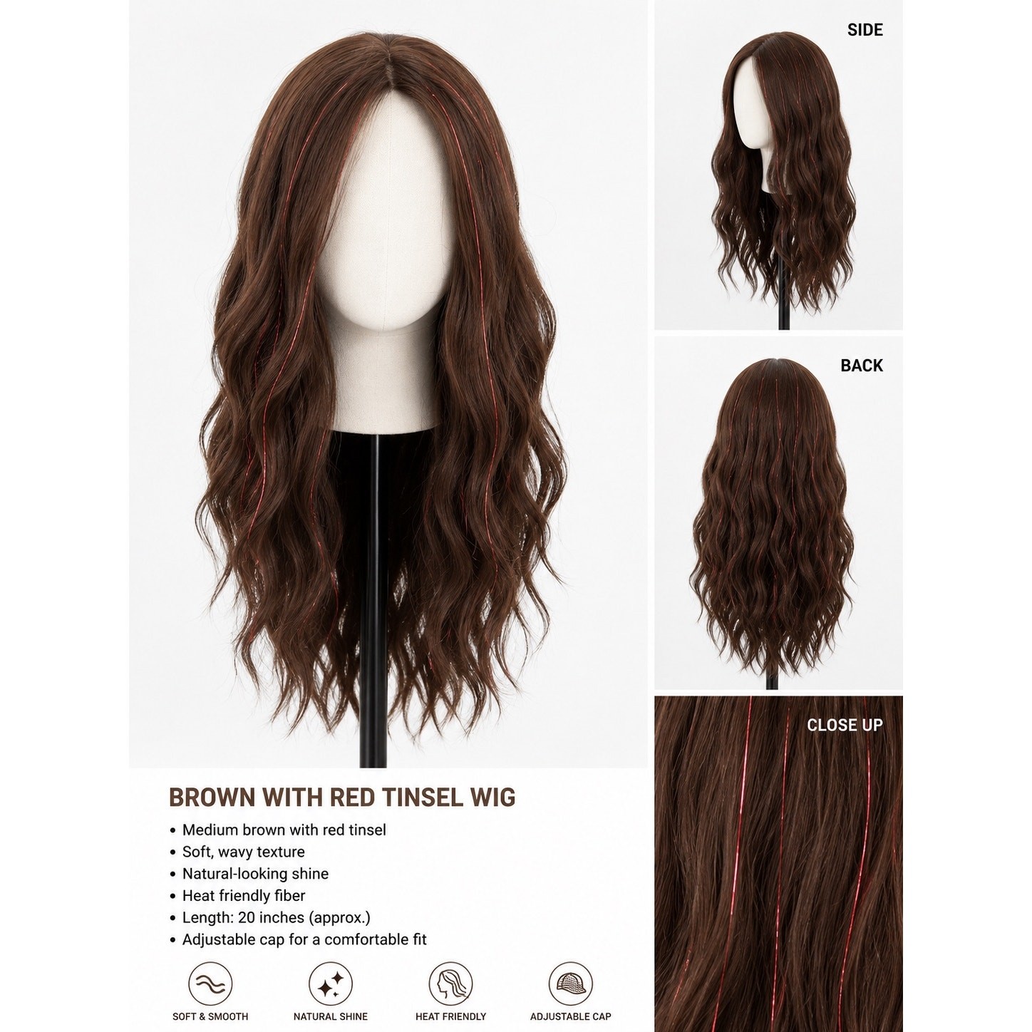 Medium Brown Wavy Wig with Red Tinsel Highlights – Heat Friendly Synthetic Wig