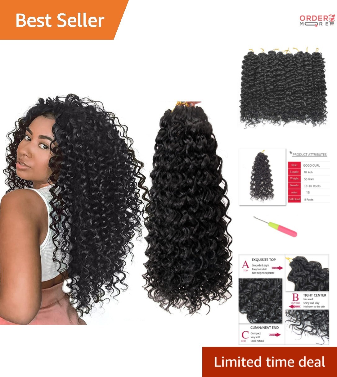 8 Packs Curly Crochet Hair Synthetic Water Wave 18 Inch for Women Natural Black