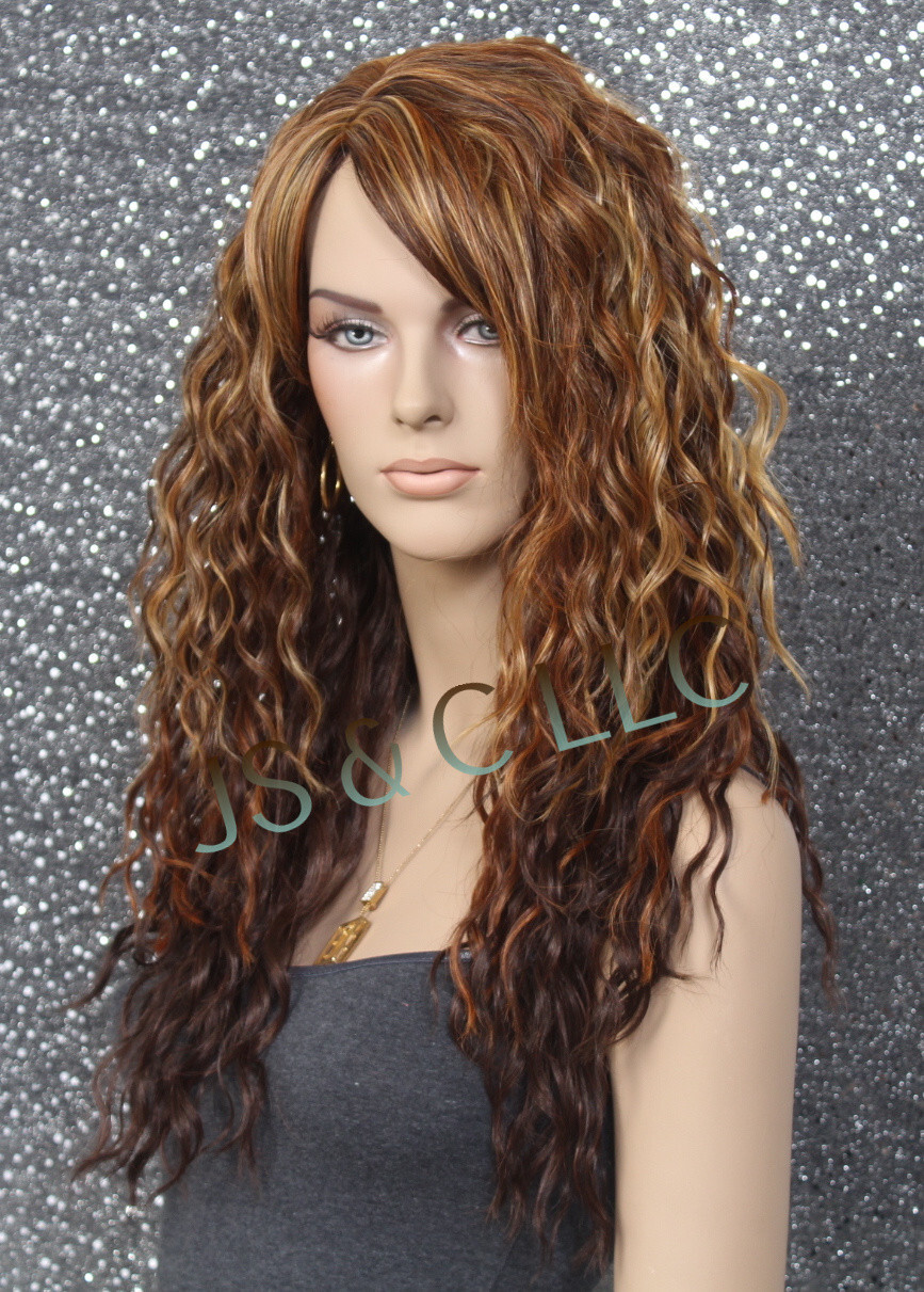 Human Hair Blend Full Wig HEAT SAFE Long Spanish Wavy Layers HDF Brown Gold 4/33