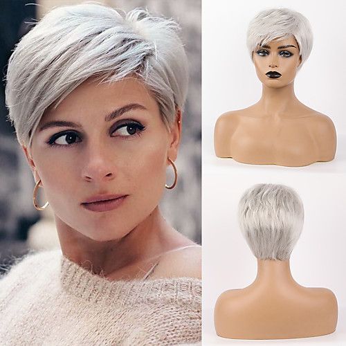 Short Pixie Cut Light White Gray Synthetic High-quality Wigs Cosplay Party New