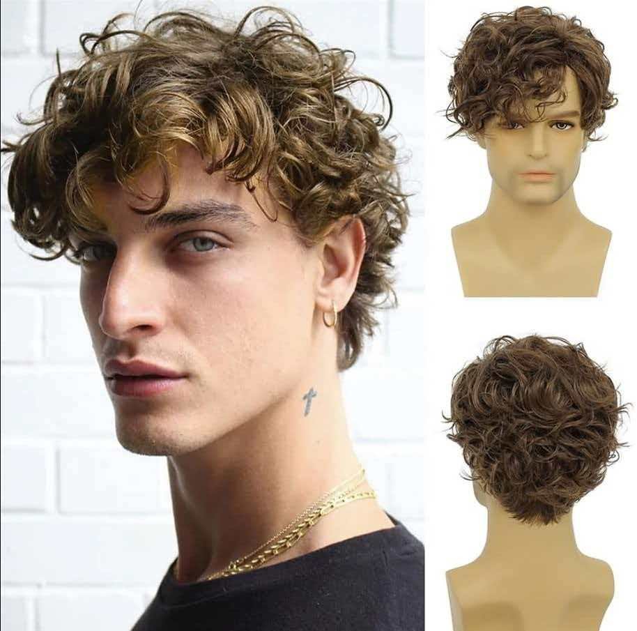 Men’s 6in Short Brown Wavy Wig Full Cosplay Synthetic Heat Resistant Party