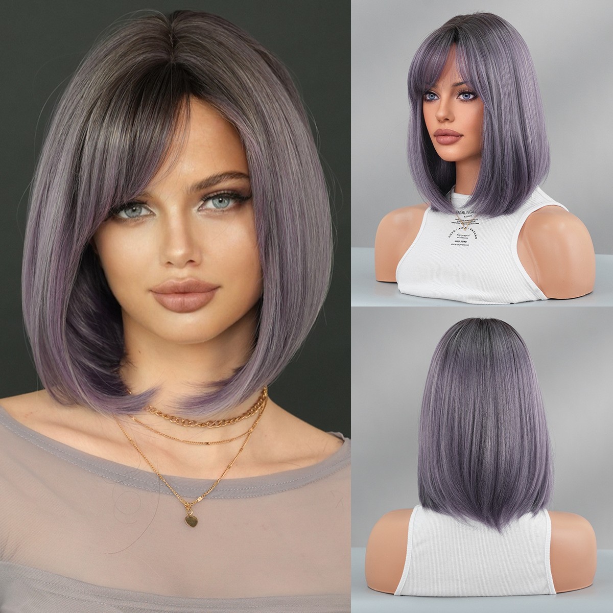 2025 Grey Purple Ombre Short Straight Bob Wig Side Part Bangs Synthetic Full