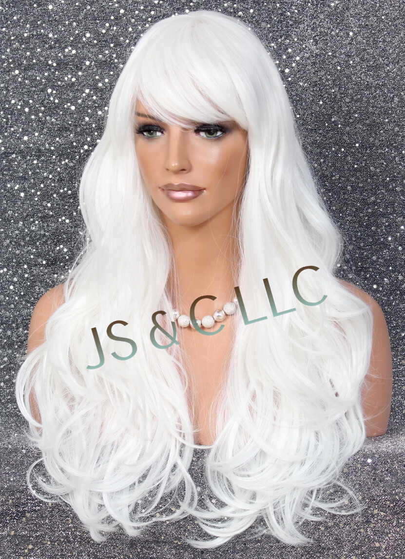 Human hair Blend Full Wig White LOng slightly Wavy Layers Bangs Heat OK WBKT