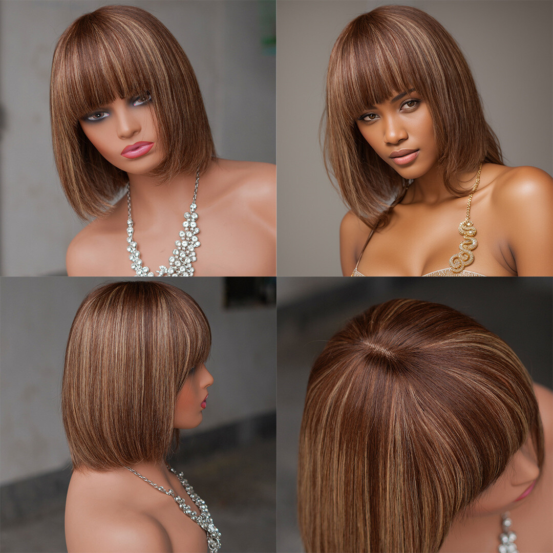 Bob 4/27 Short Straight Wigs 2×6 Lace Front 100% Human Hair Wig With Bangs