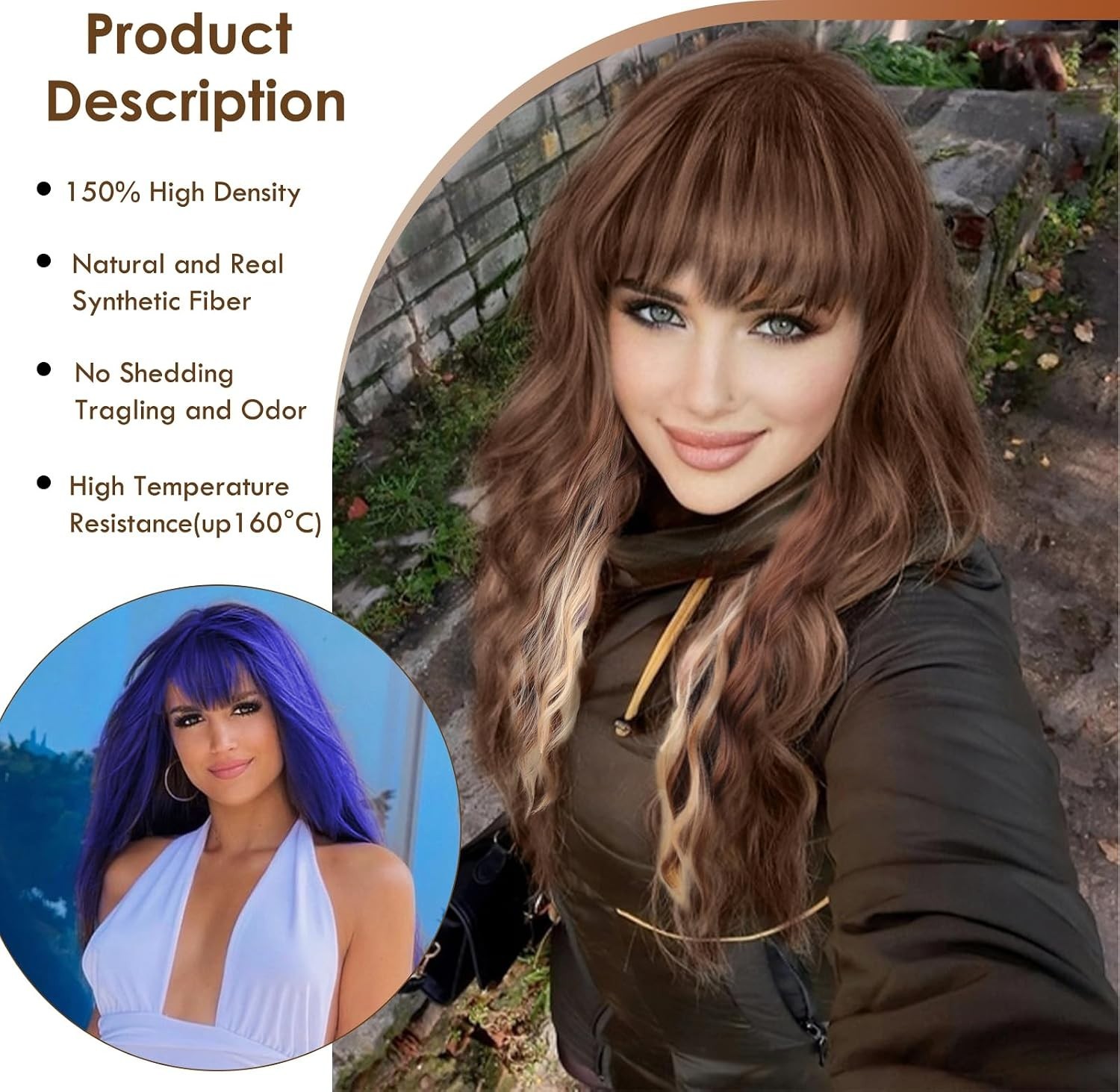 Soft Natural Look – 26-Inch Light Brown & Blonde Wavy Wig with Adjustable Bangs