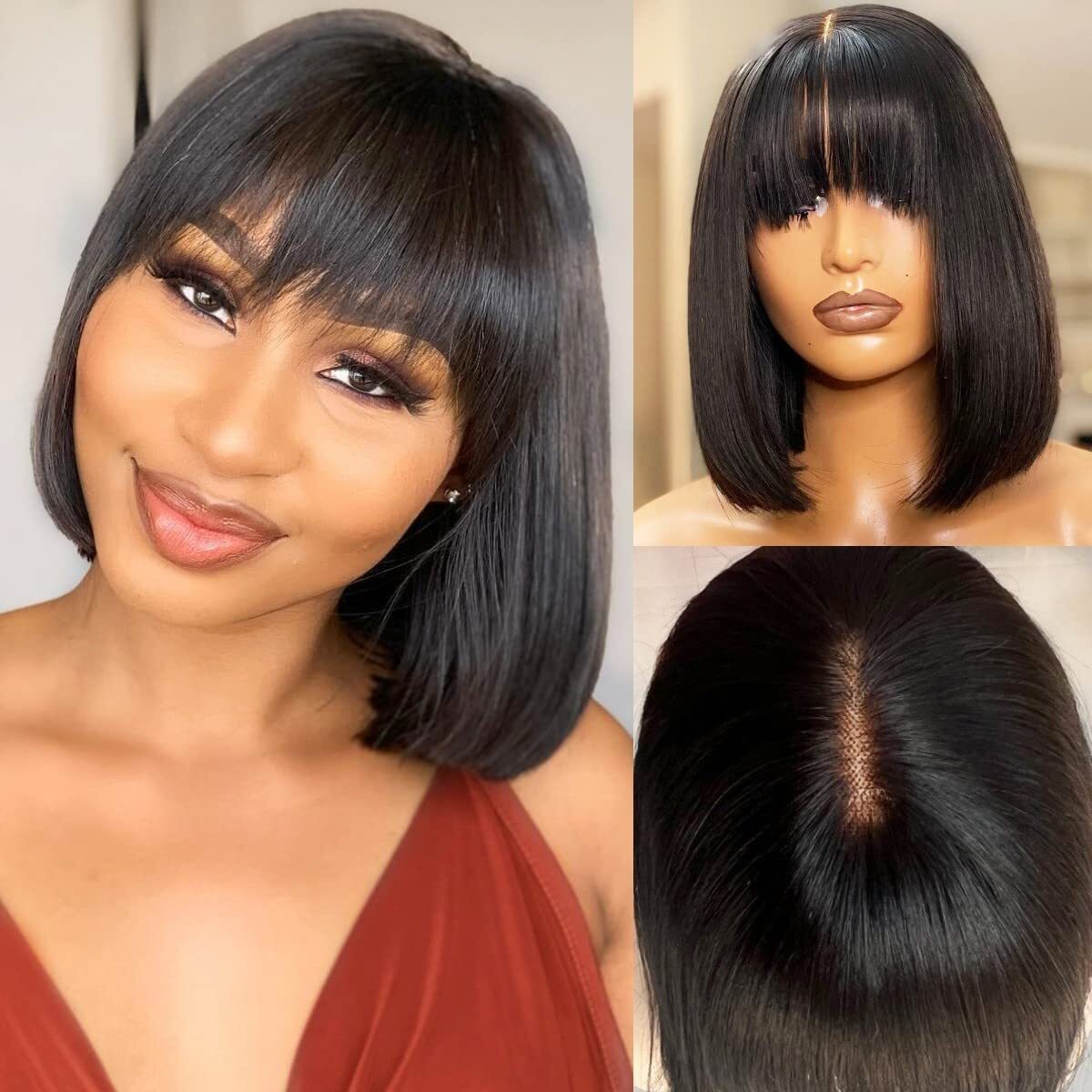 10 Inch Short Black Bob Wig with Bangs Human Hair Straight Bang Bob Wig 2×1 Lace