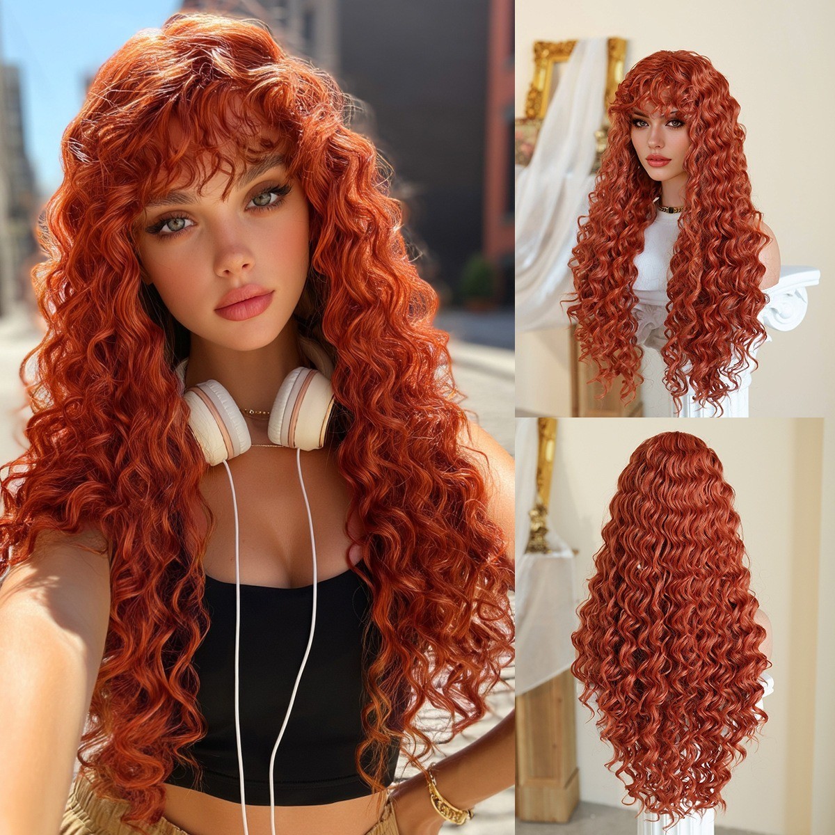 Brown Honey golden curly springy curly long hair with bangs synthetic fibers