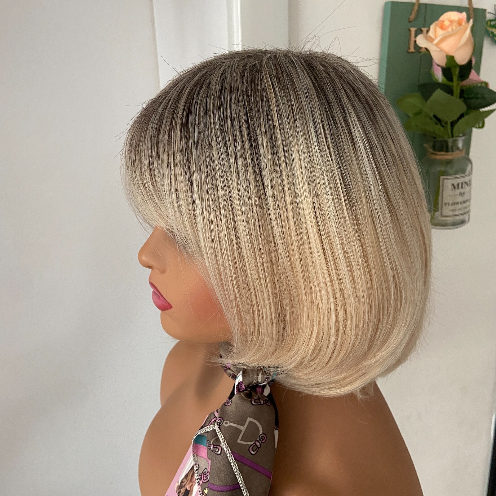 Short Bob Rooted Blonde Mix Synthetic Hair Wigs Women Soft Natural Daily Use