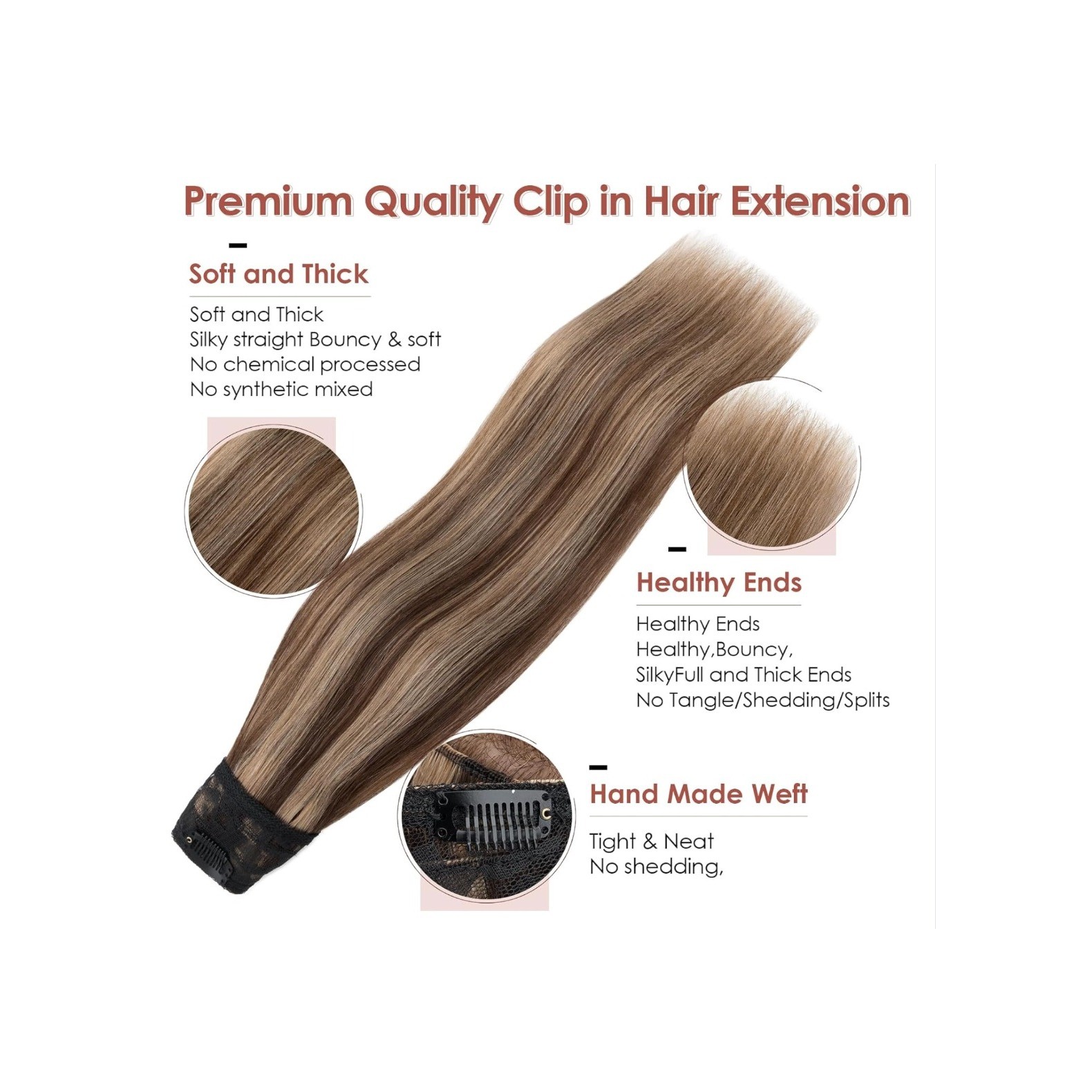 Benehair 16″ Human Hair Extensions Clip In One Piece V-Shape 65g #4P27 Brown Mix
