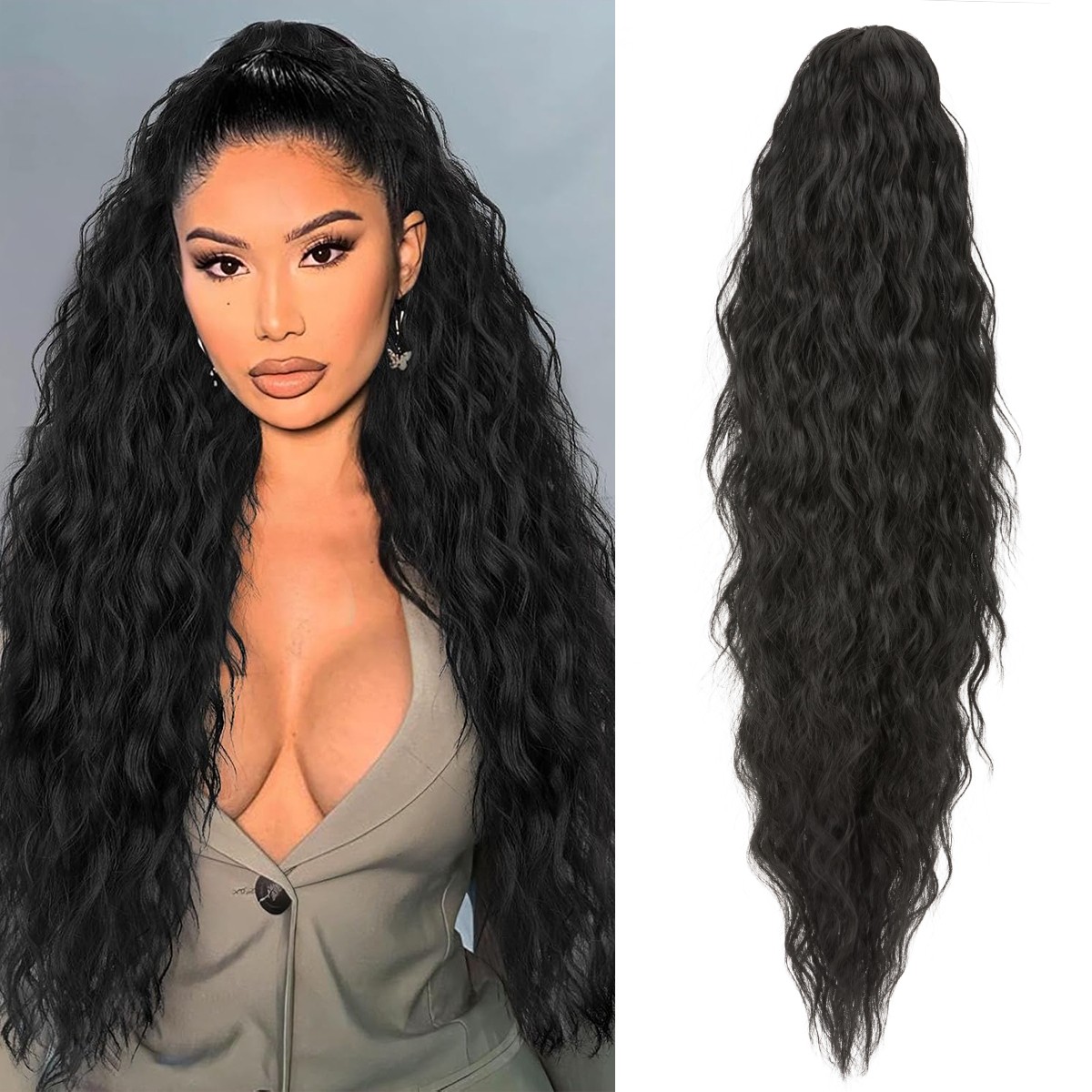 Ponytail Extension Claw on Clip in Curly Wavy Synthetic Hair One Piece 30″ Thick