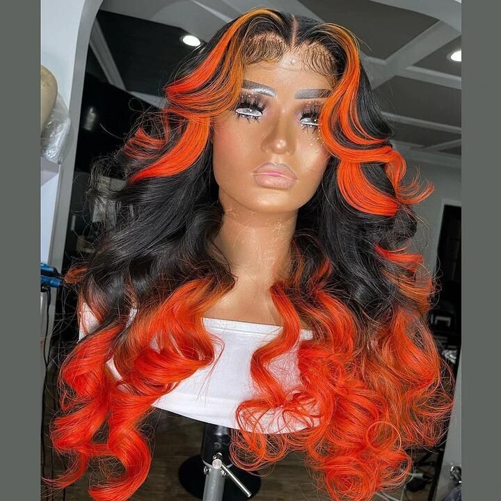 18 Inch Skunk Stripe Orange Highlight Black Lace Front Wig 4×4 Human Hair Wigs