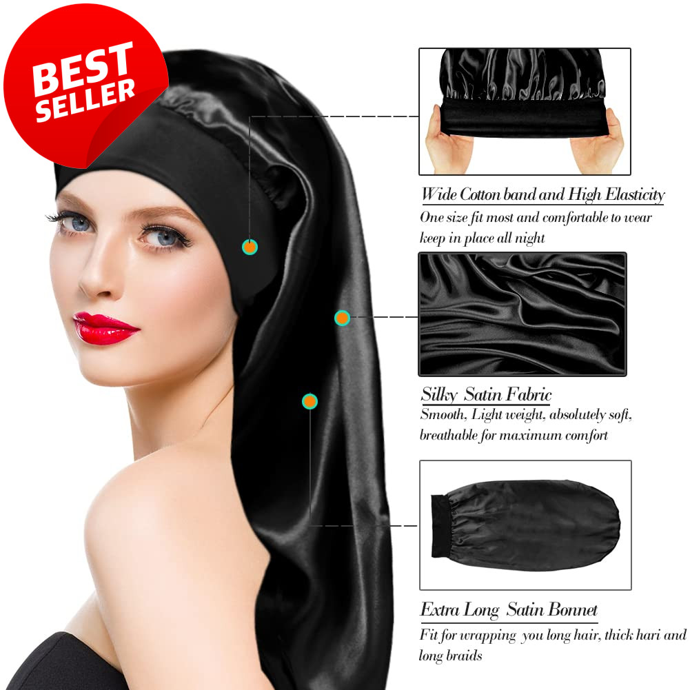 2PCS Long Satin Sleep Bonnet for Curly Hair Dreadlocks Braids Hair Care – US