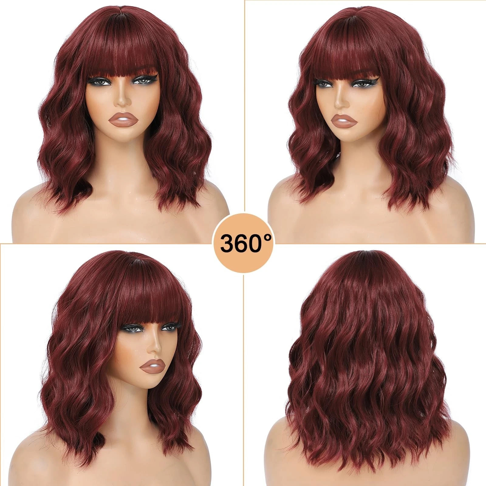 Short Red BOB Wave Wigs with Bang Shoulder Length Synthetic Hair for Women