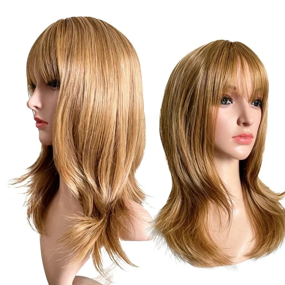 Brown Layered Long Straight Synthetic Wigs Auburn Wigs with Bangs Daily Cosplay