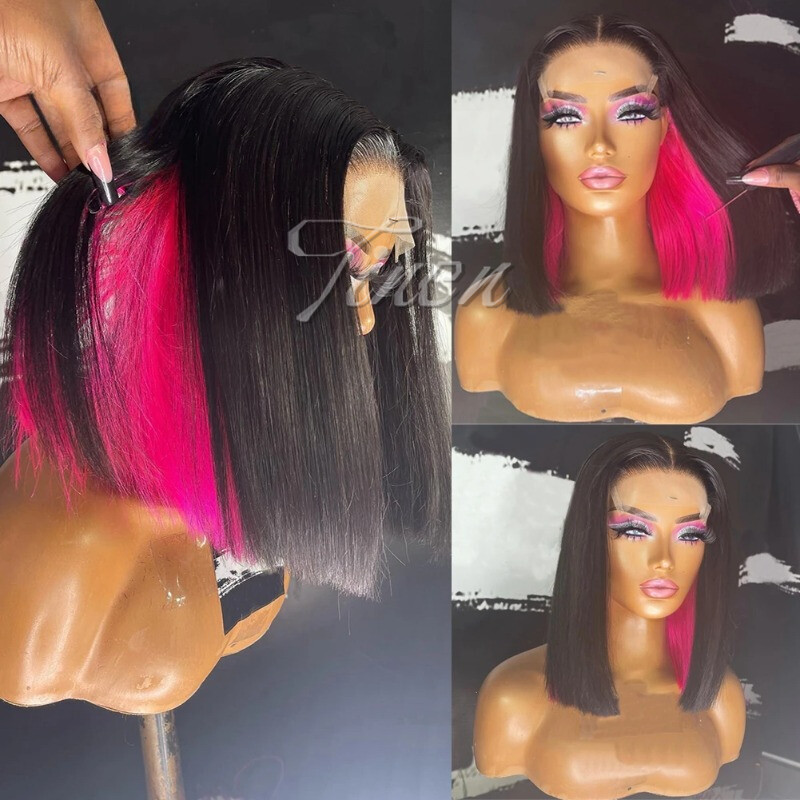 Hot Pink Underneath Dyed Hair Synthetic Lace front Black BOB Hair Straight Wigs
