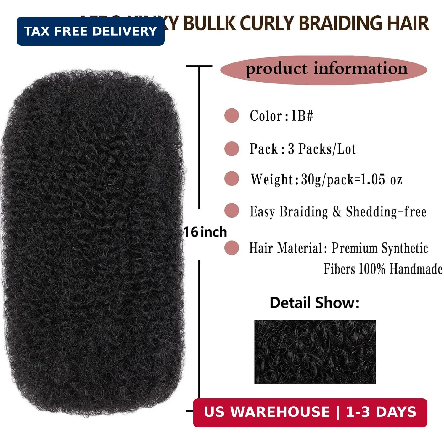 16 Inch 3 Bundles 90g Natural Black Afro Kinky Curly Braiding Bulk Hair