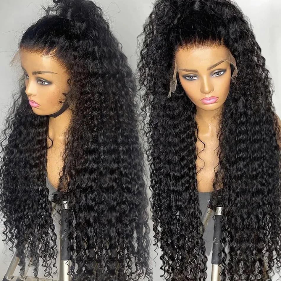 Black Curly Glueless Lace Front Wig 13×4 Long Deep Wave Lace Wigs With Baby H…