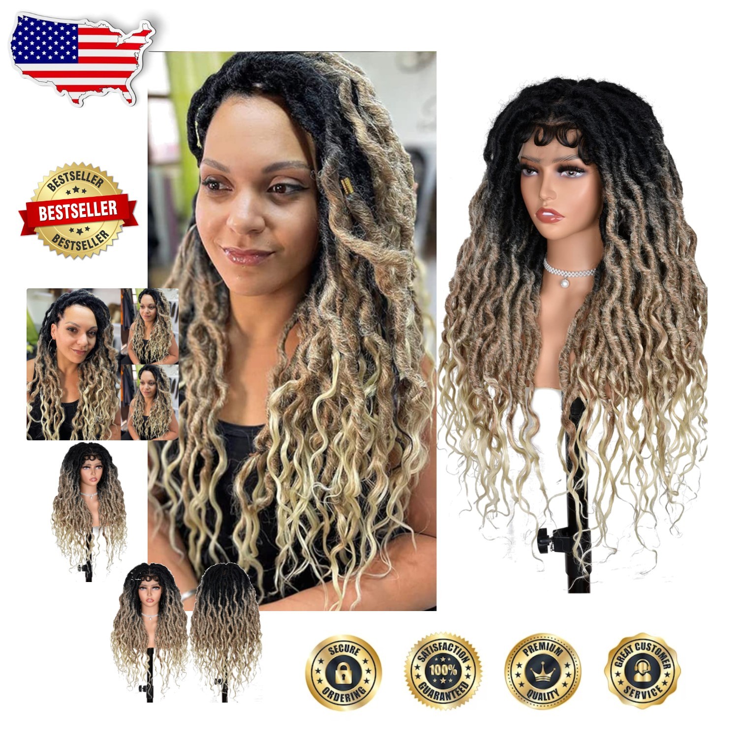 Black Blonde Curly Faux Locs Wig Lace Front Goddess Braids Baby Hair