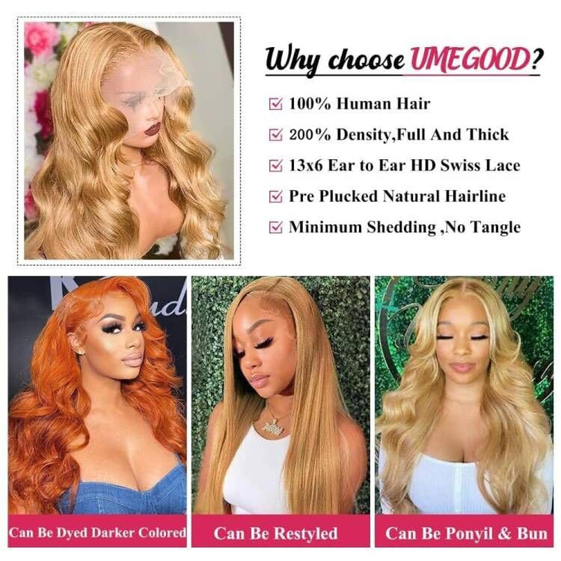 30″ Honey Blonde Body Wave HD Lace Front Wig – 250% Density Human Hair