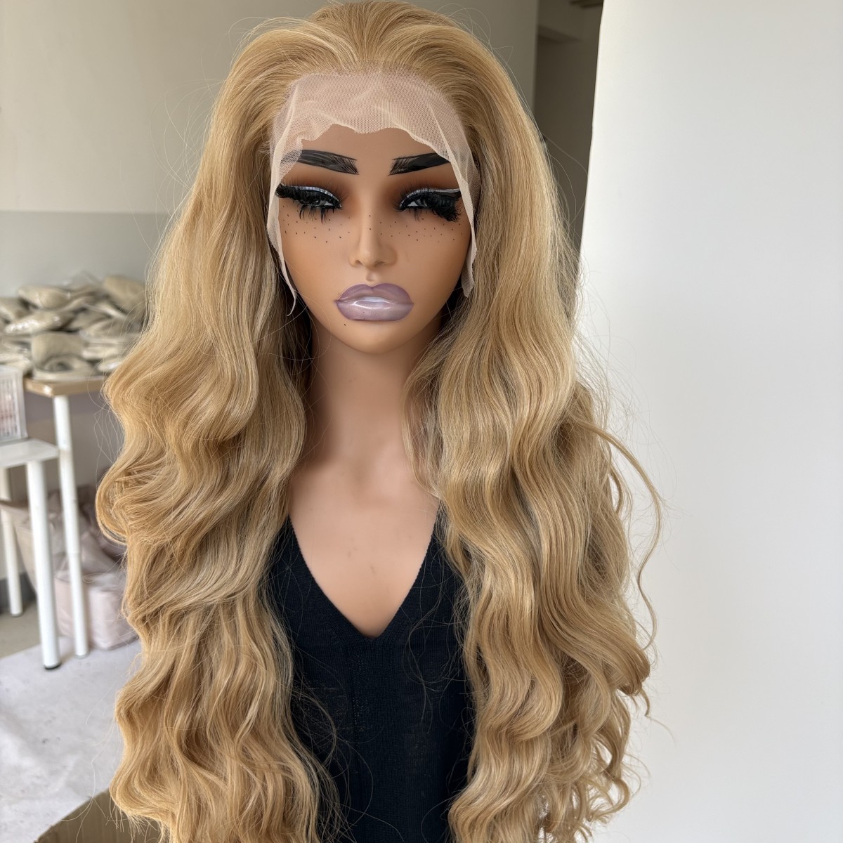 Blonde Long Wavy Glue Less Lace Front Wig Heat Resistant Synthetic Hair
