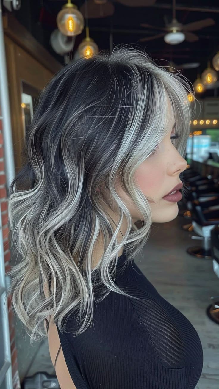 Balayage Black with Gray Highlight Wave Wigs 100% Human Hair Lace Front Wigs