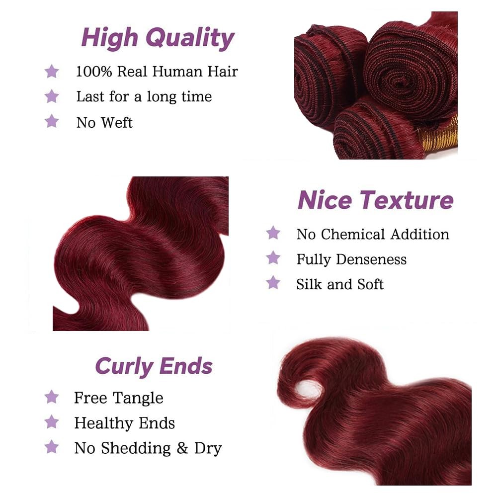 Burgundy Bundles Human Hair Cnumgunm 99J Bundle 14 16 18 Inch 8A Grade