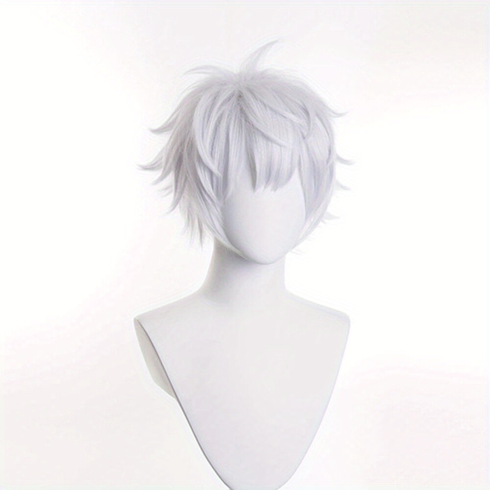 Men Silver White Wig Short Straight Synthetic Anime Hair High Temperature Fiber