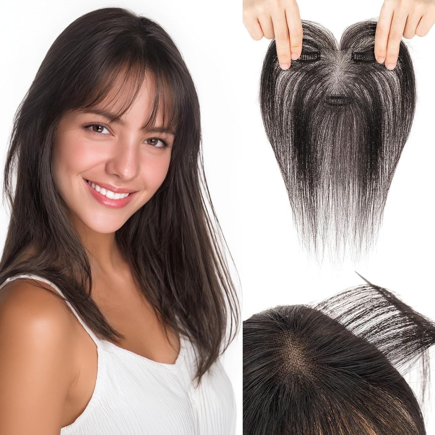 Human Hair Topper with Side Bangs, 3D 360° Seamless Classic Black 11 inch