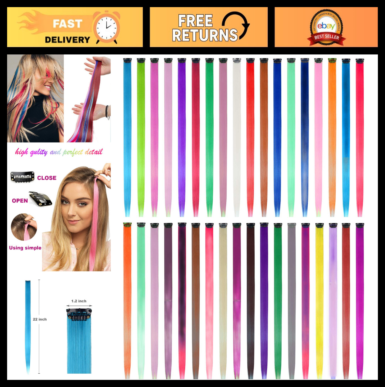 36 Packs 22” Colored Clip-in Hair Extensions for Women & Kids – Multi-Color Hig