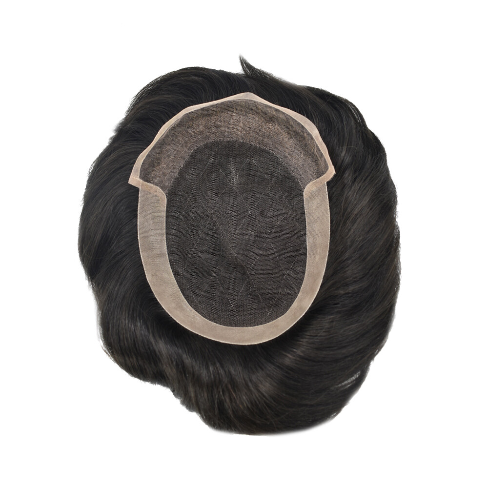 Mens Toupee French Lace Front Hairpiece Poly Skin PU Hair System Replacement Wig