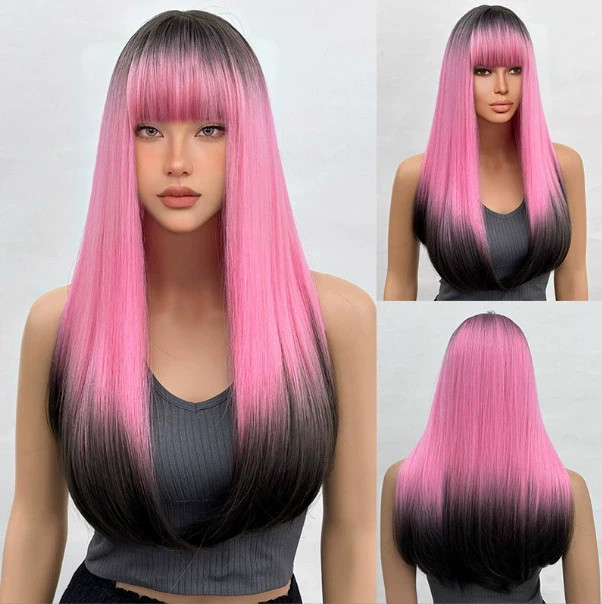Long Straight Pink Ombre Wig with Bangs Anime Hair Women Cosplay Party Halloween