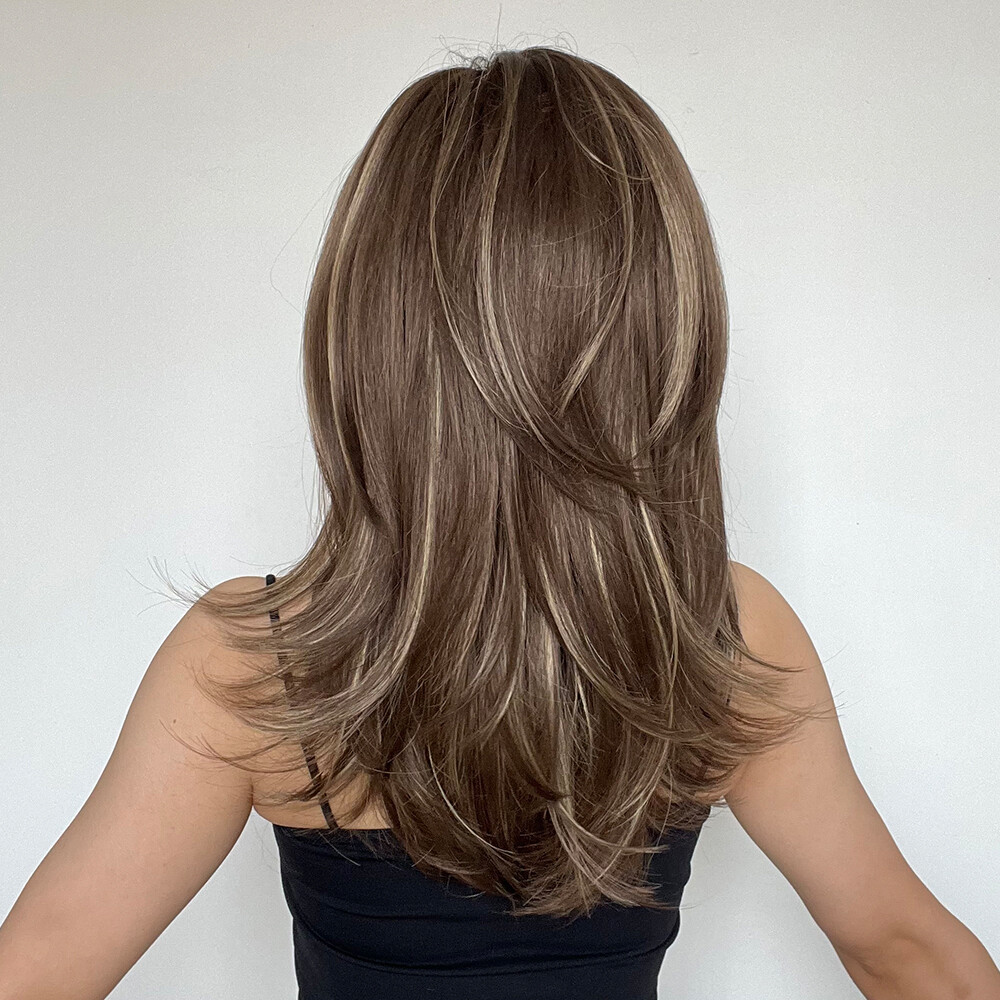 Long Brown Blonde 20 inch Soft Hair Wigs with Side Bangs for Women Daily Party