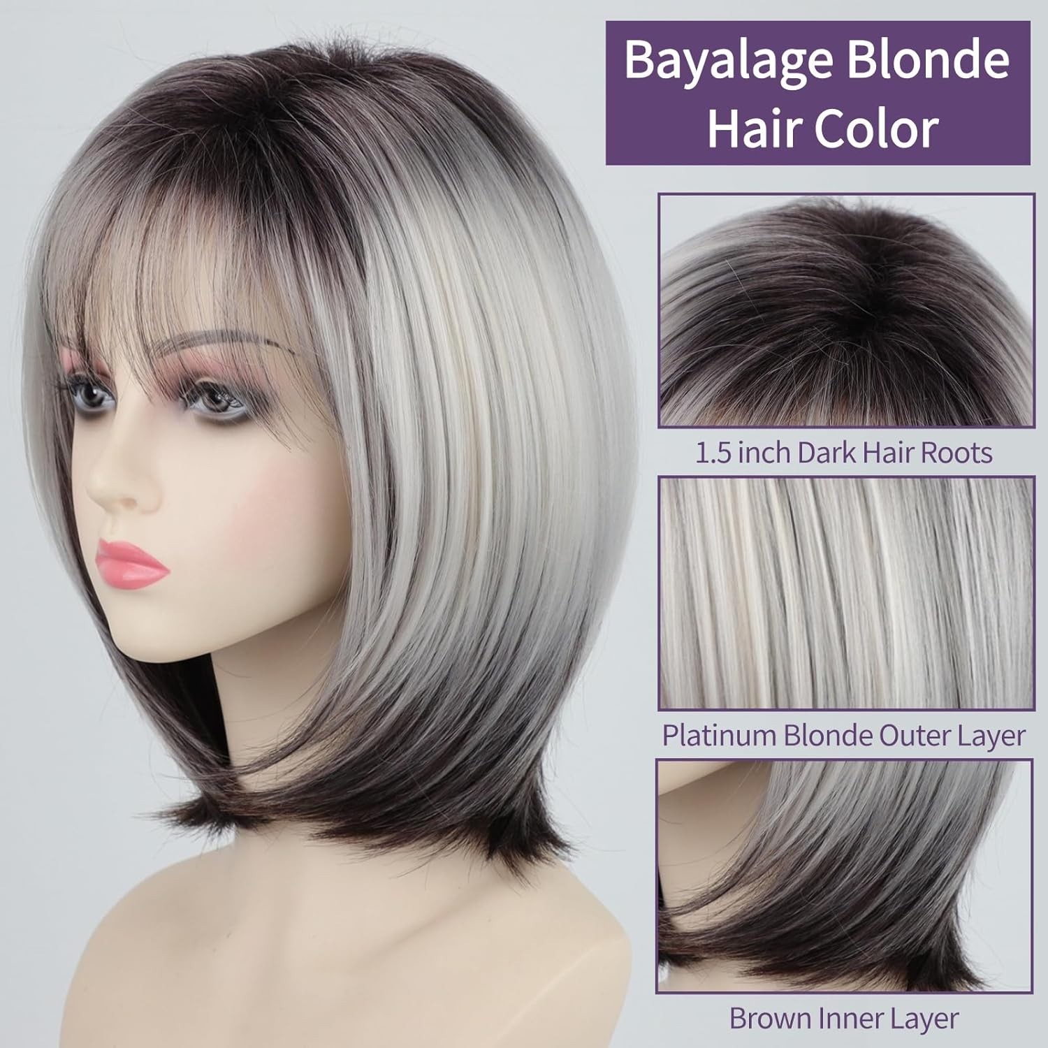 14″ Platinum with Brown Straight Bob Wig for Women Daily 167E418560