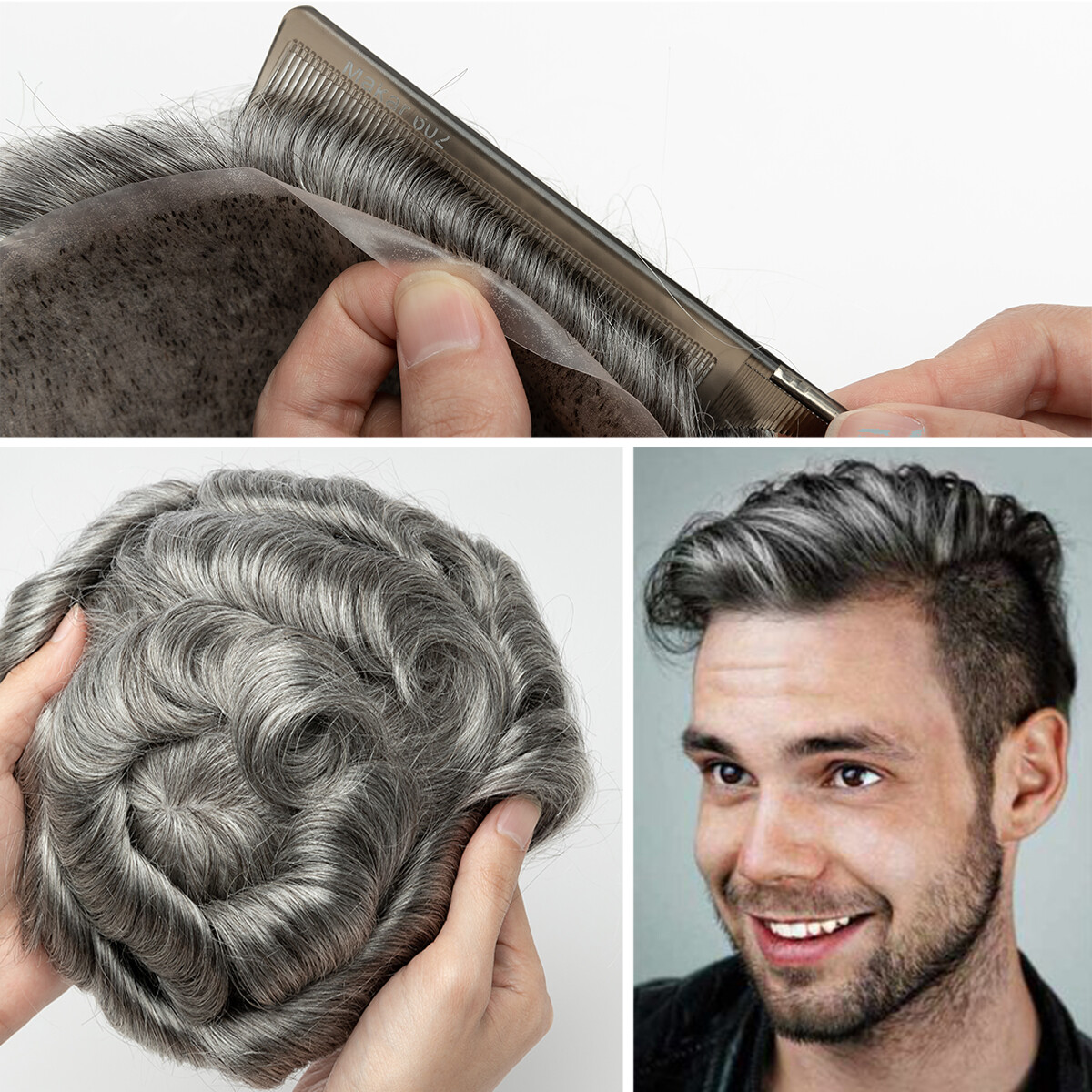 Men Toupee Hairpiece Tape In Human Hair Thin Skin V-loop Replacement System Gray