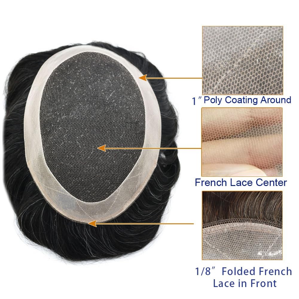 Mens Toupee FULL FRENCH LACE Hairpiece Skin PU Around Hair Replacement Wigs