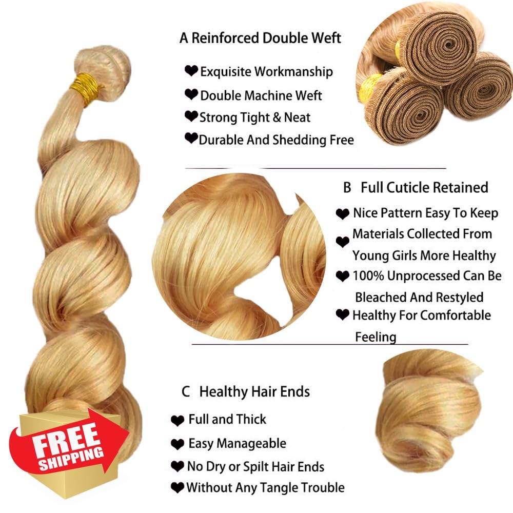 Shoaiye 12″ 14″ 16″ #27 Honey Blonde Loose Wave Bundles