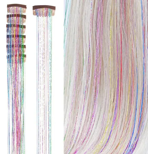 50cm Sparking Shiny Hair Tinsel Extensions Synthetic Clip In Hair Extensions