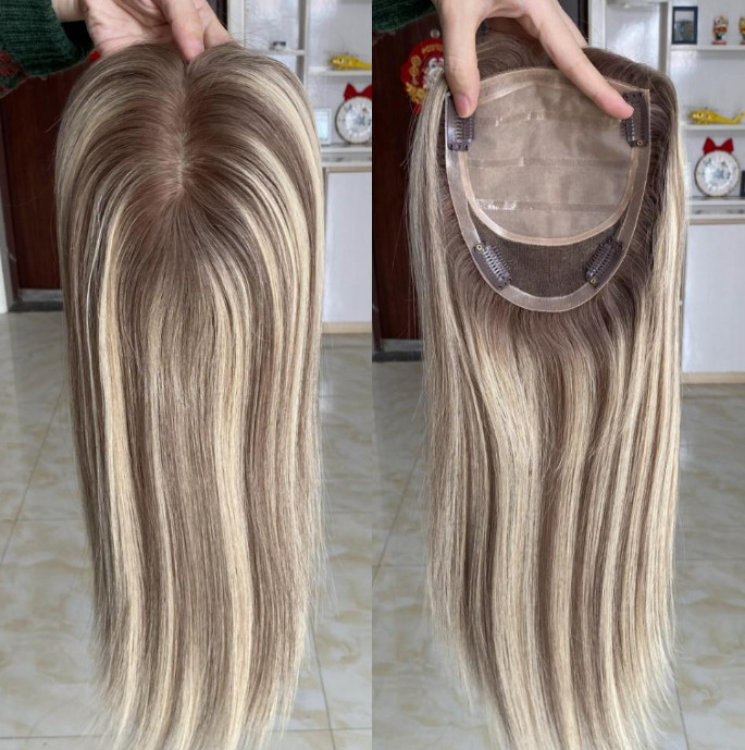 Ombre Ash Brown Blonde Highlight Topper 100% Human Hair 5×6.5″ SILK BASE Toupee