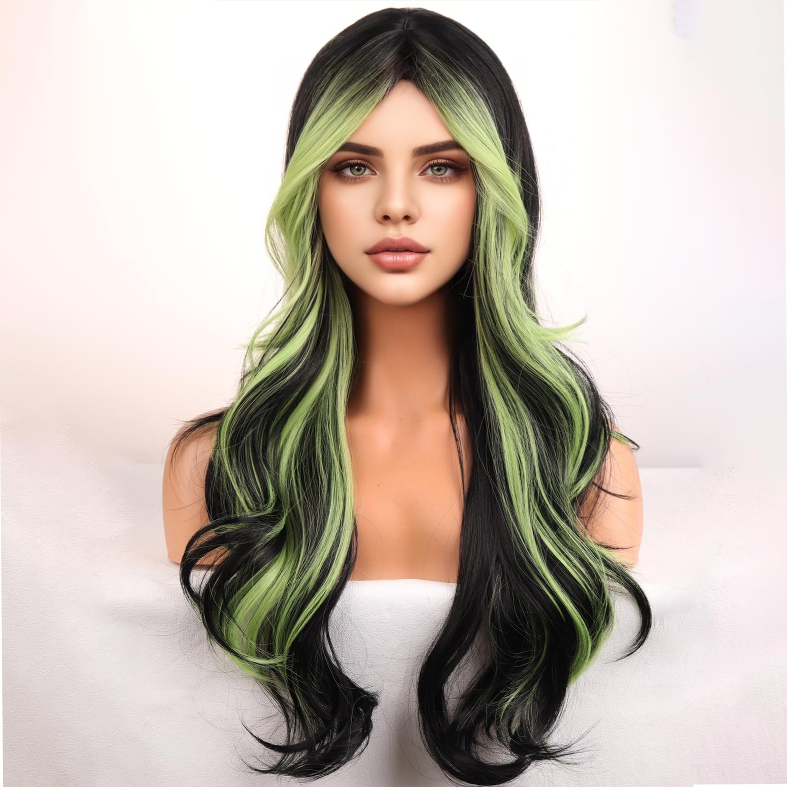 Black And Green Wigs for Women Girls Long Curly Wavy Wig With Bangs Black Gre…