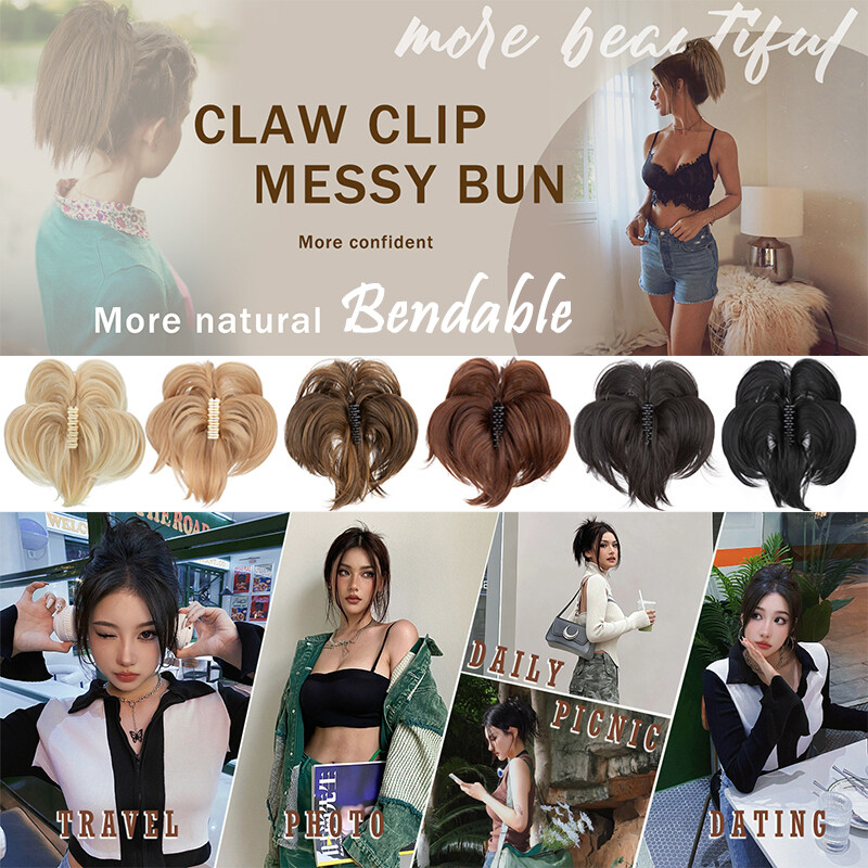Claw On Messy Bun Updo Scrunchie Clip In Hair Ponytail Extension Highlight Brown