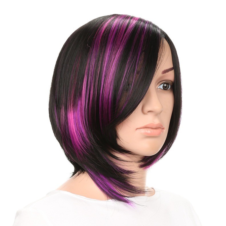 Women’s Black Purple Mix Short Straight Bob Wigs Side Bangs Synthetic Party Wig