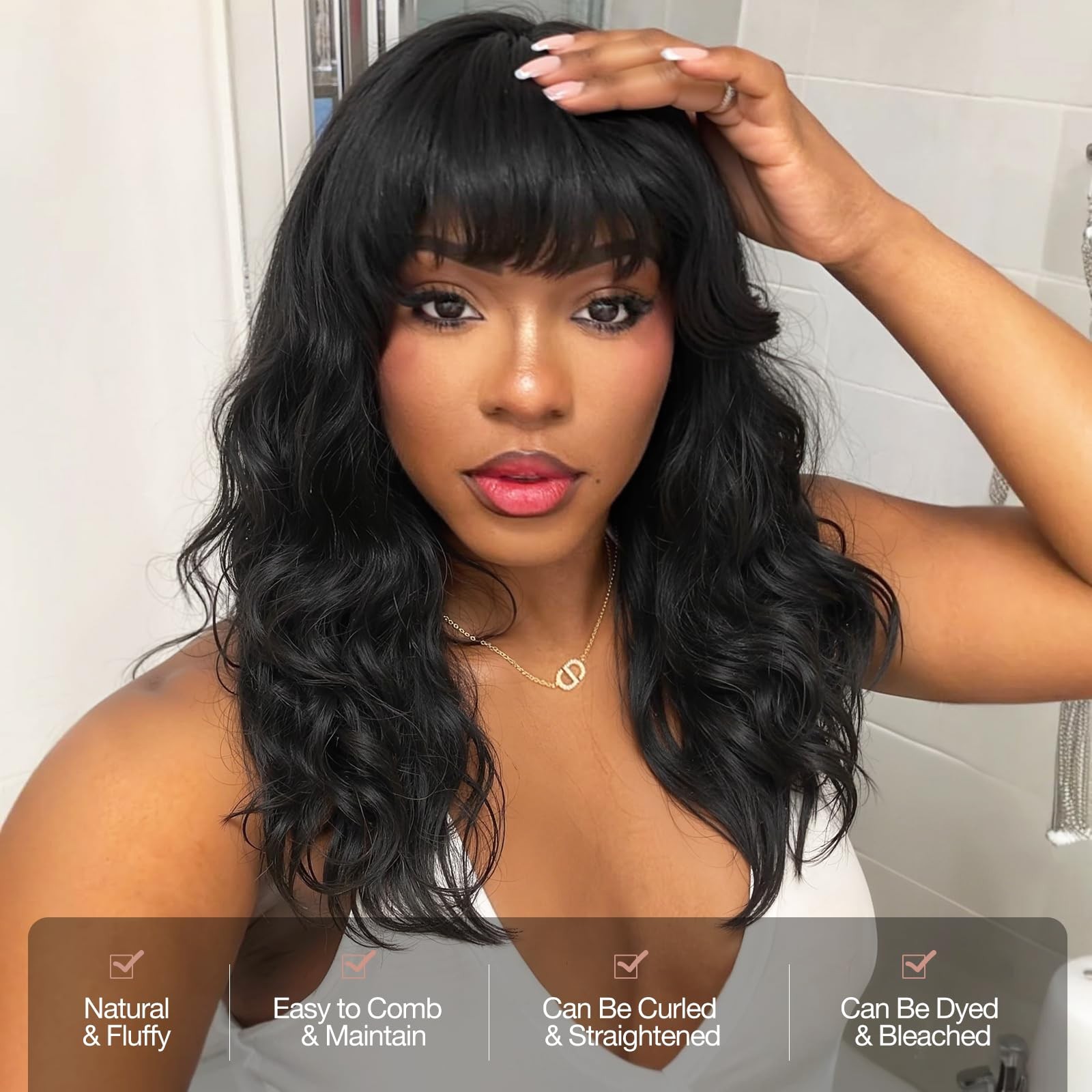 Wiger Black Natural Wave Bang Wigs For Women Human Hair Curly Wig Bangs None